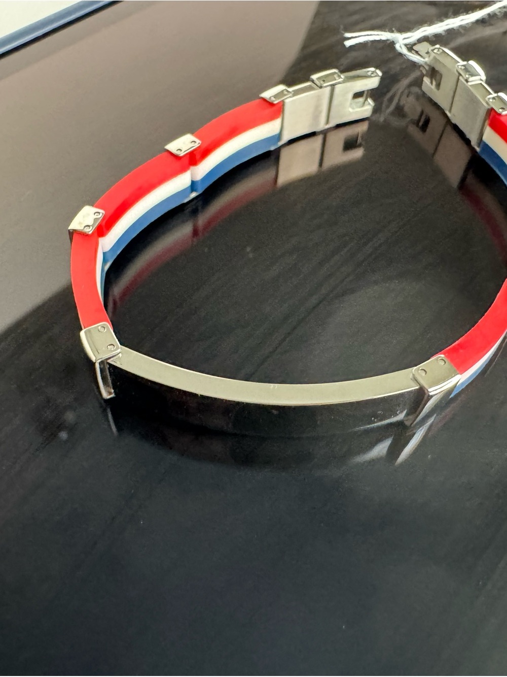 Men's Tricolor Silicone and Stainless Steel ID Bracelet - Red/White/Blue